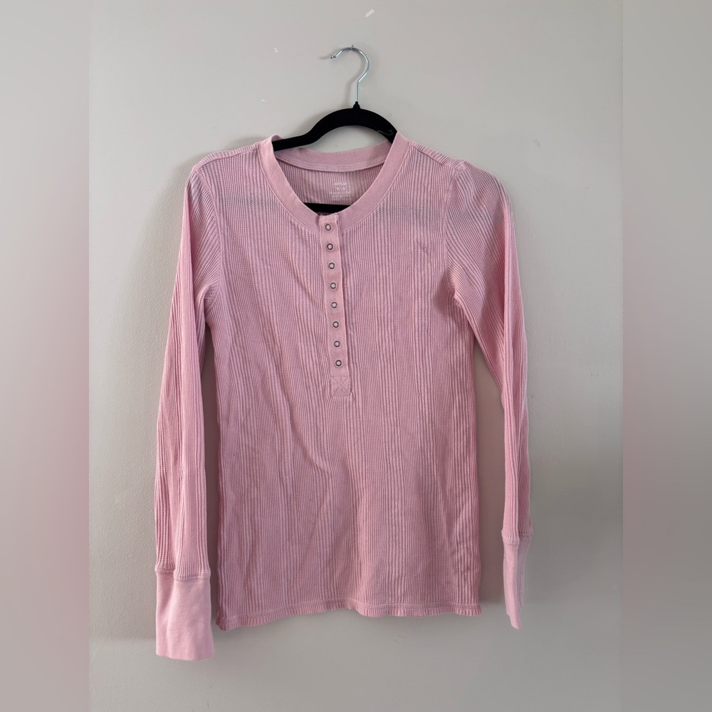 Aerie Light Pink Ribbed Henley Long Sleeve Top, cotton, size medium